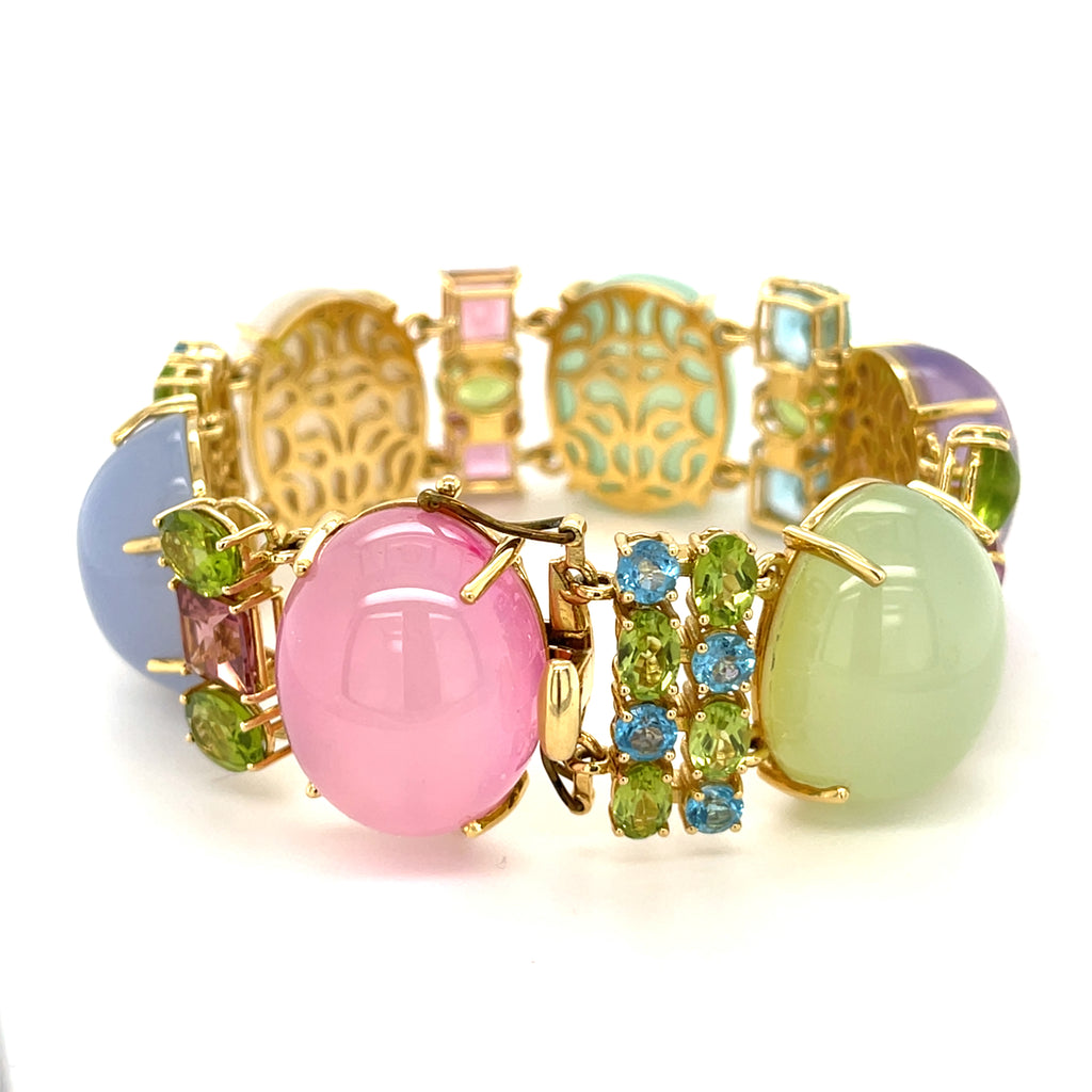 18k Gold & Gemstone Cabochon Link Bracelet w/ Faceted Accent Stones, Size 7"