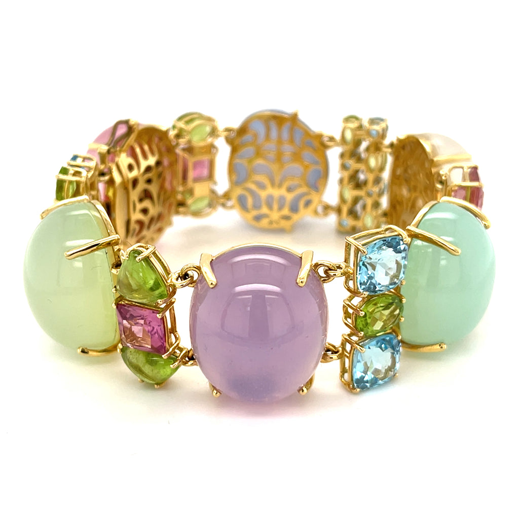18k Gold & Gemstone Cabochon Link Bracelet w/ Faceted Accent Stones, Size 7"