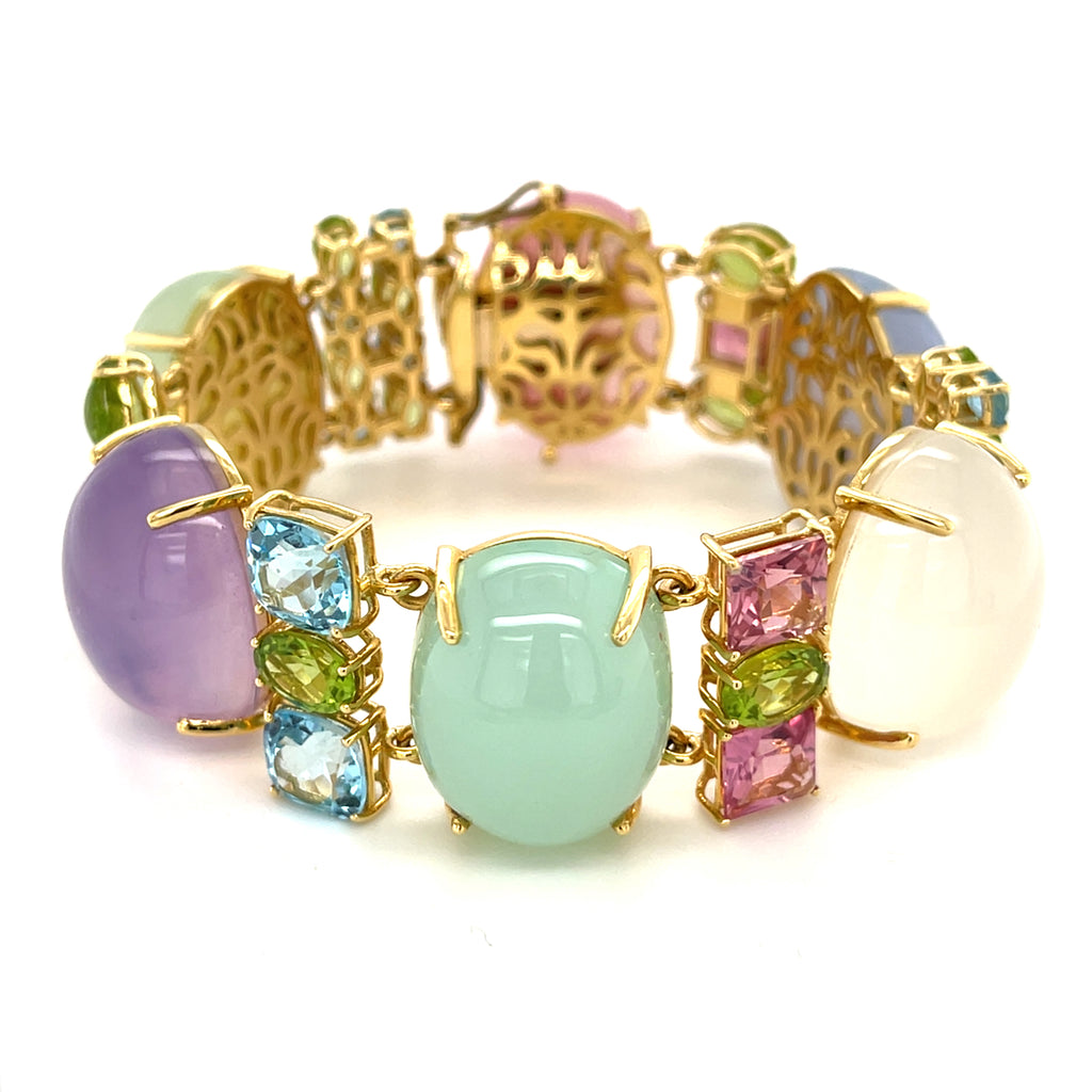 18k Gold & Gemstone Cabochon Link Bracelet w/ Faceted Accent Stones, Size 7"