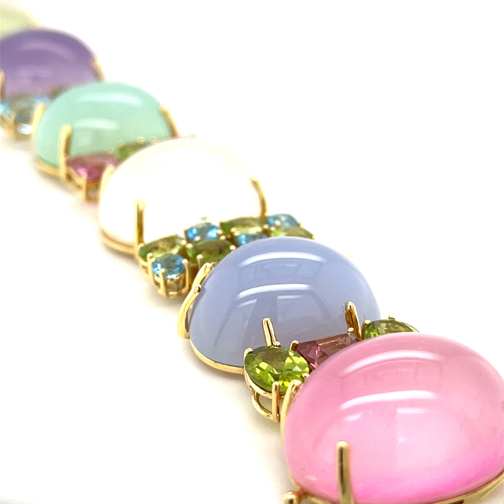 18k Gold & Gemstone Cabochon Link Bracelet w/ Faceted Accent Stones, Size 7"