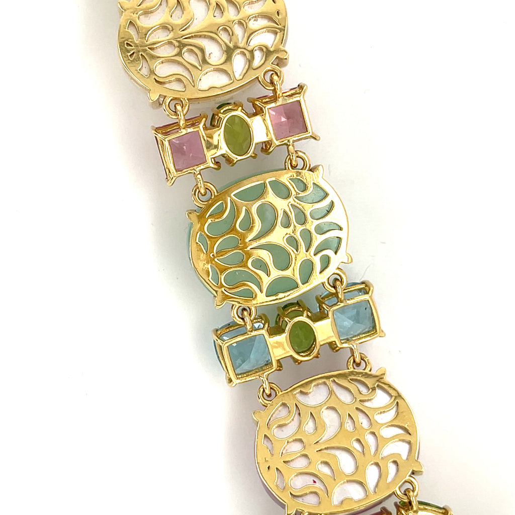 18k Gold & Gemstone Cabochon Link Bracelet w/ Faceted Accent Stones, Size 7"
