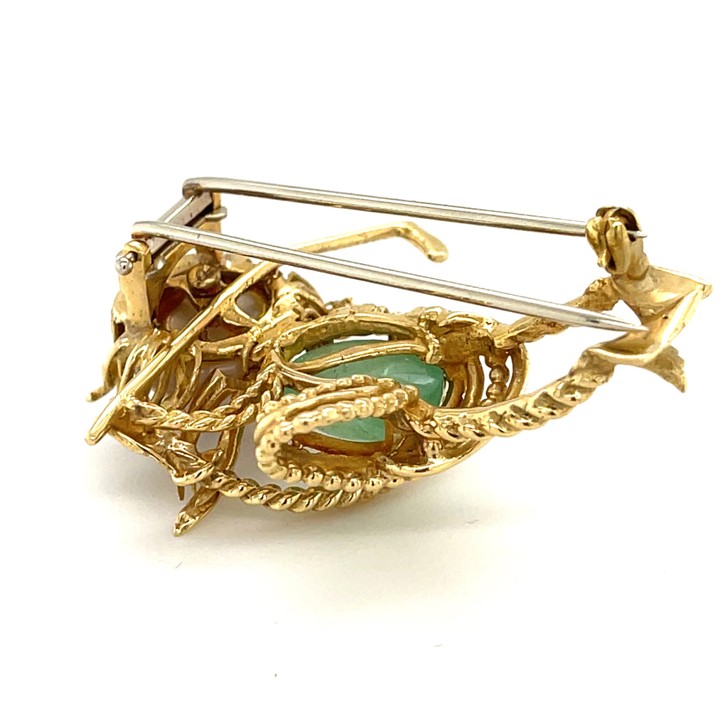 Vintage 18k Yellow Gold & Cultured Pearl Golfer Brooch w/ Green Beryl, Diamond