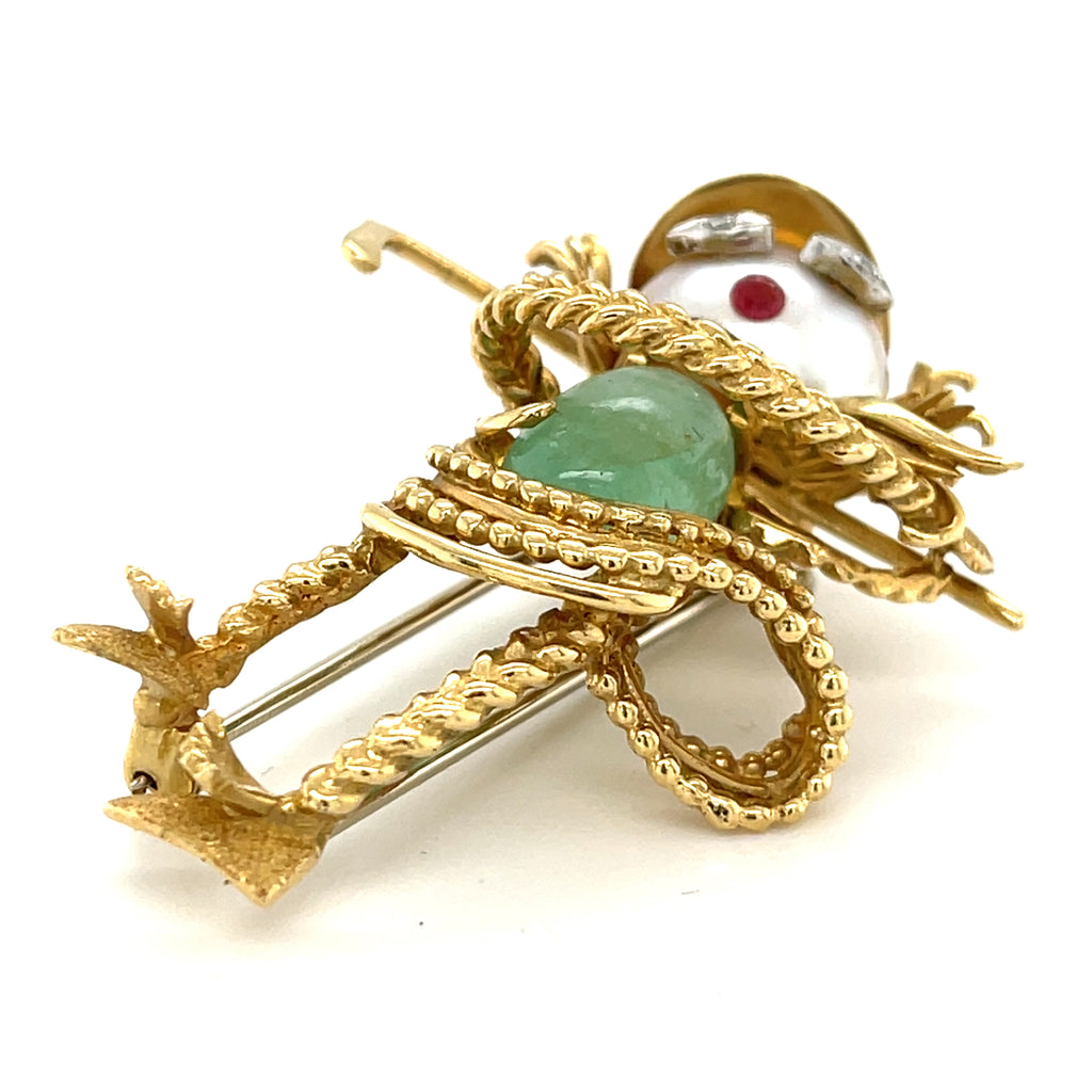 Vintage 18k Yellow Gold & Cultured Pearl Golfer Brooch w/ Green Beryl, Diamond