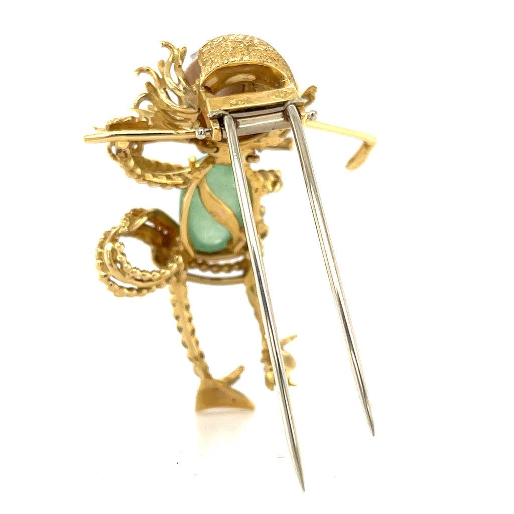 Vintage 18k Yellow Gold & Cultured Pearl Golfer Brooch w/ Green Beryl, Diamond