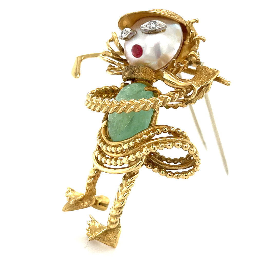Vintage 18k Yellow Gold & Cultured Pearl Golfer Brooch w/ Green Beryl, Diamond