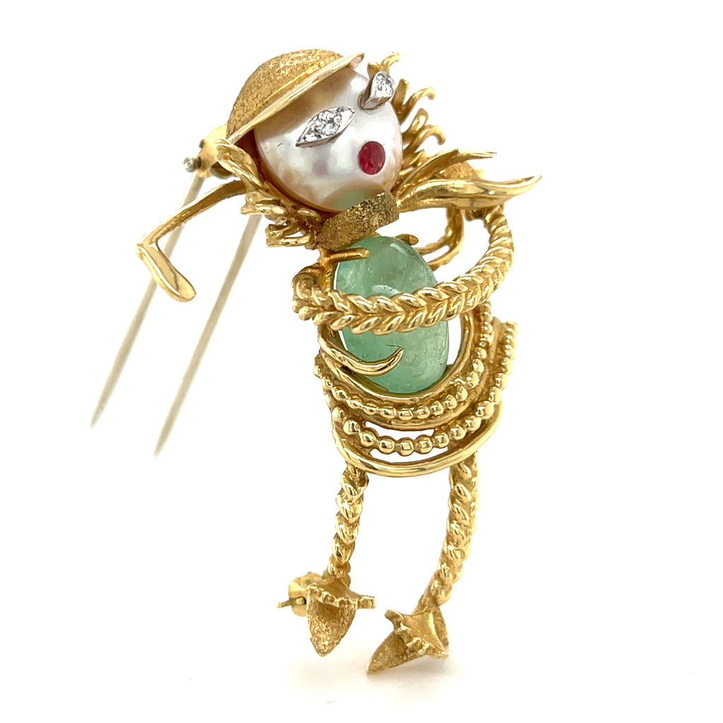 Vintage 18k Yellow Gold & Cultured Pearl Golfer Brooch w/ Green Beryl, Diamond