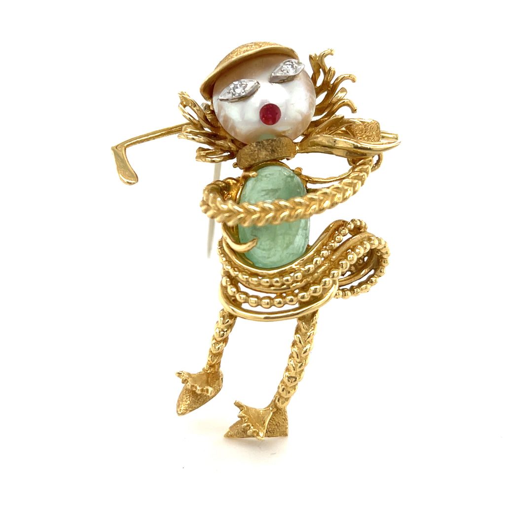 Vintage 18k Yellow Gold & Cultured Pearl Golfer Brooch w/ Green Beryl, Diamond