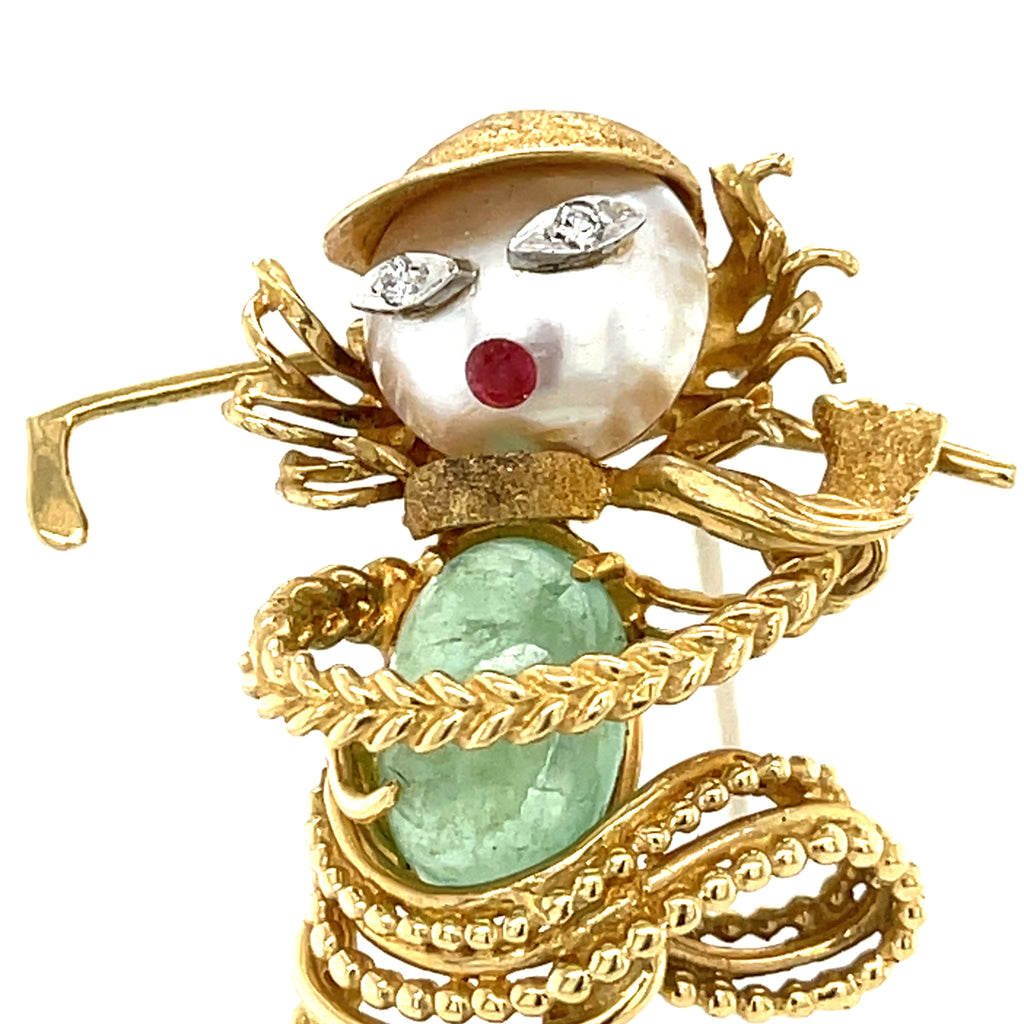 Vintage 18k Yellow Gold & Cultured Pearl Golfer Brooch w/ Green Beryl, Diamond