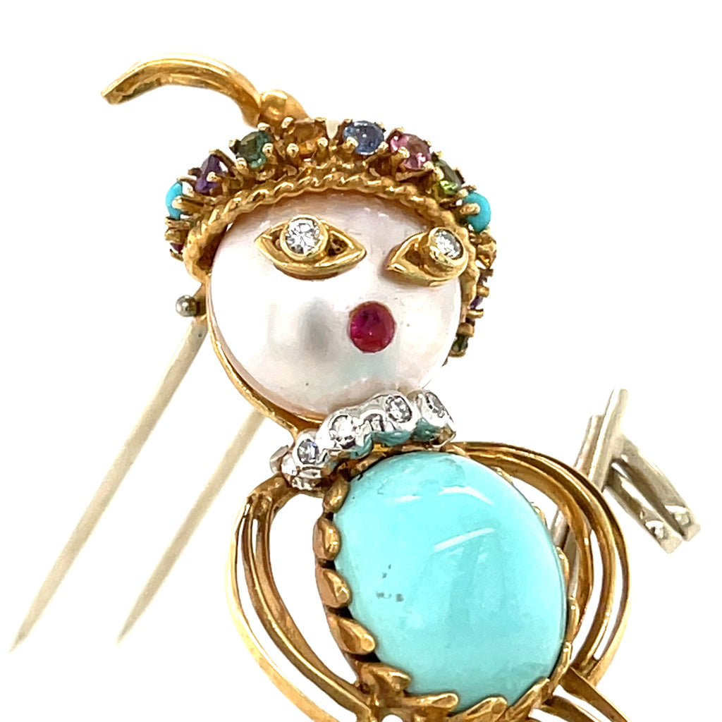 Vintage 18k Yellow Gold & Turquoise Skier / Ski Jumper Brooch w/ Pearl, Diamonds
