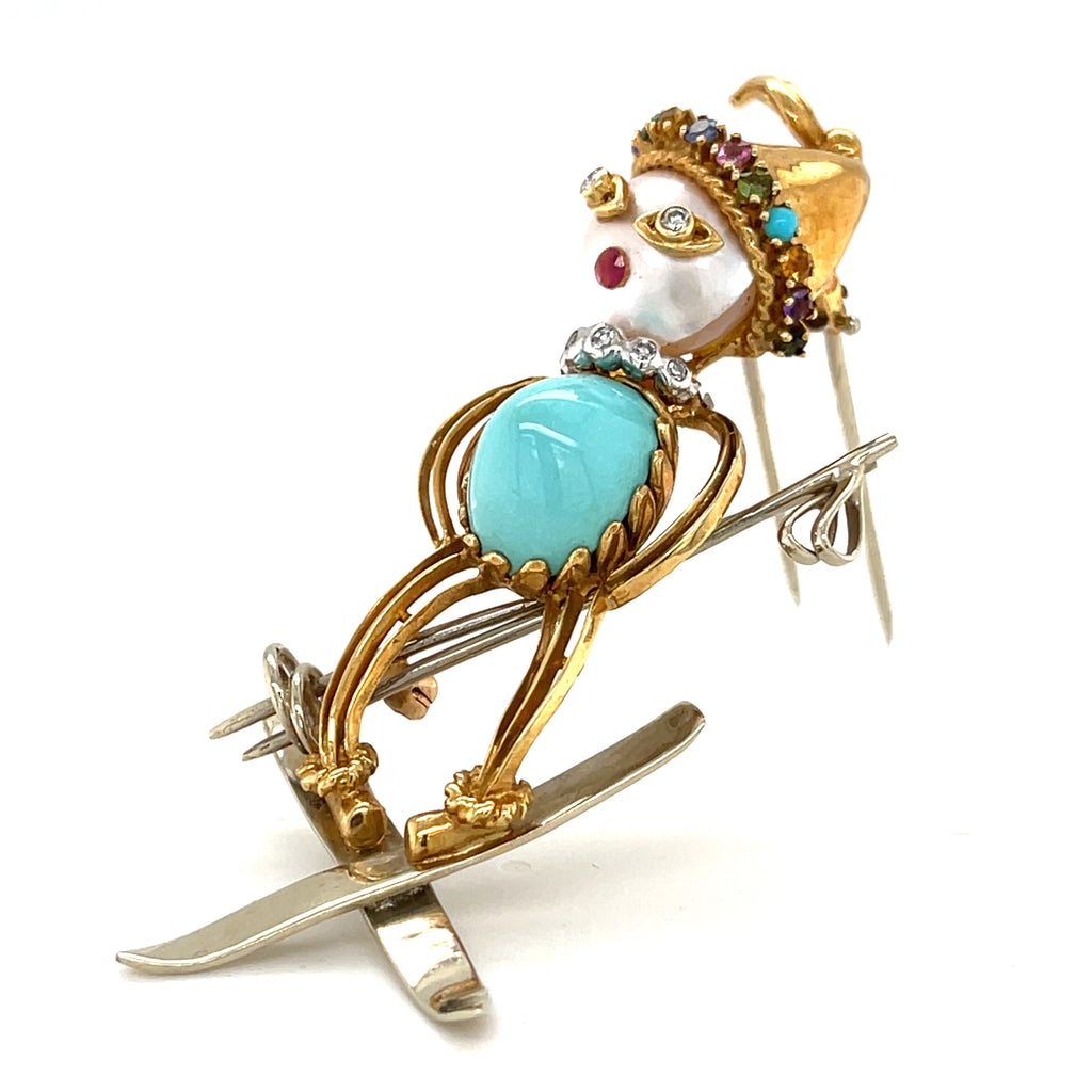 Vintage 18k Yellow Gold & Turquoise Skier / Ski Jumper Brooch w/ Pearl, Diamonds