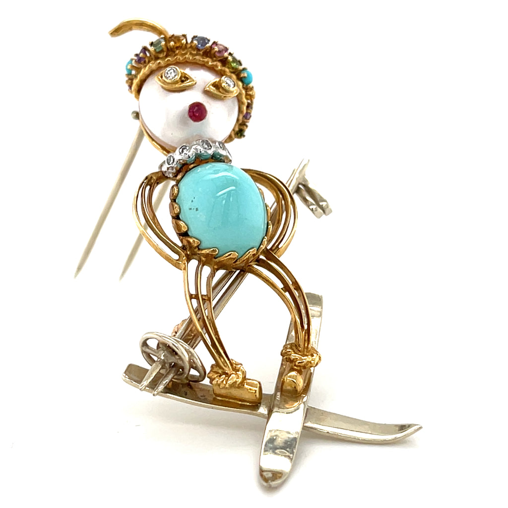 Vintage 18k Yellow Gold & Turquoise Skier / Ski Jumper Brooch w/ Pearl, Diamonds