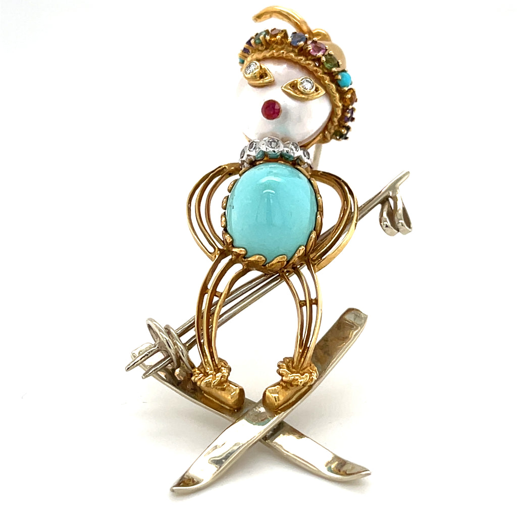 Vintage 18k Yellow Gold & Turquoise Skier / Ski Jumper Brooch w/ Pearl, Diamonds