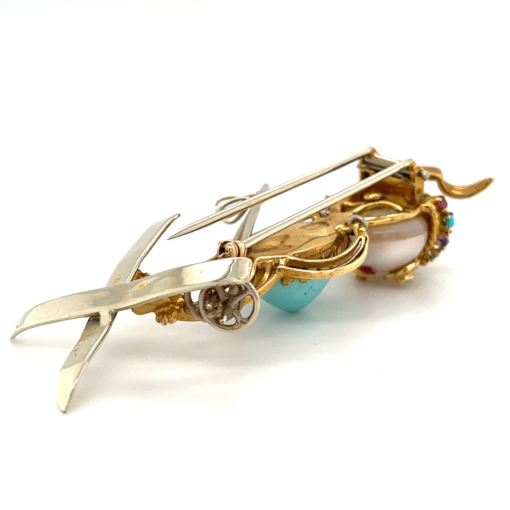 Vintage 18k Yellow Gold & Turquoise Skier / Ski Jumper Brooch w/ Pearl, Diamonds