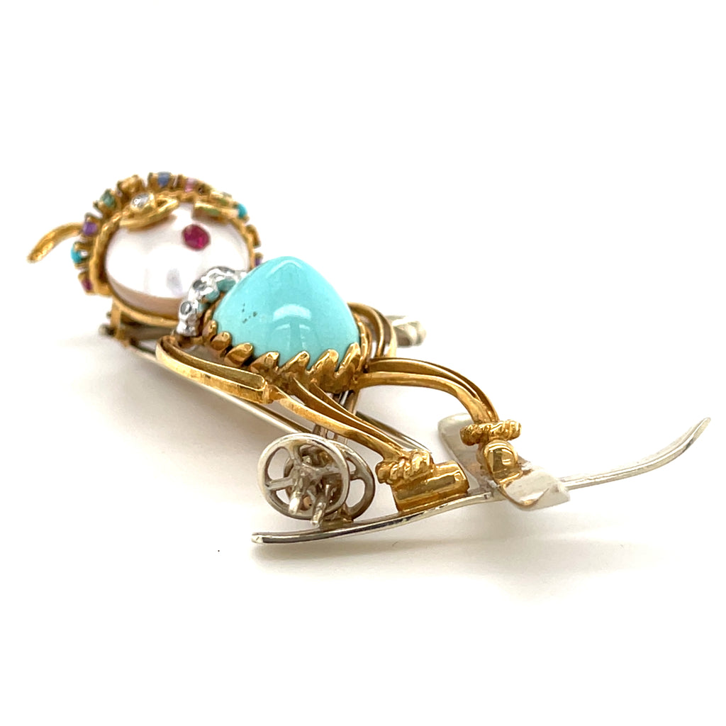 Vintage 18k Yellow Gold & Turquoise Skier / Ski Jumper Brooch w/ Pearl, Diamonds