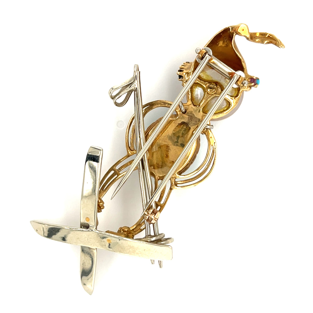 Vintage 18k Yellow Gold & Turquoise Skier / Ski Jumper Brooch w/ Pearl, Diamonds