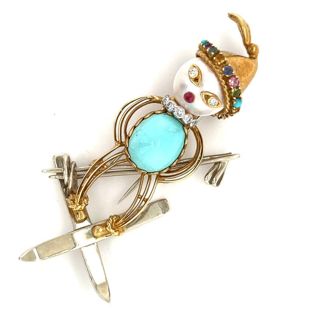Vintage 18k Yellow Gold & Turquoise Skier / Ski Jumper Brooch w/ Pearl, Diamonds
