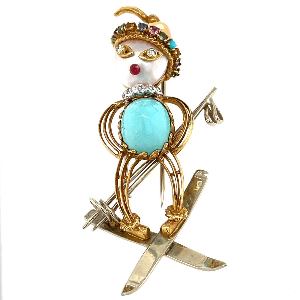 Vintage 18k Yellow Gold & Turquoise Skier / Ski Jumper Brooch w/ Pearl, Diamonds