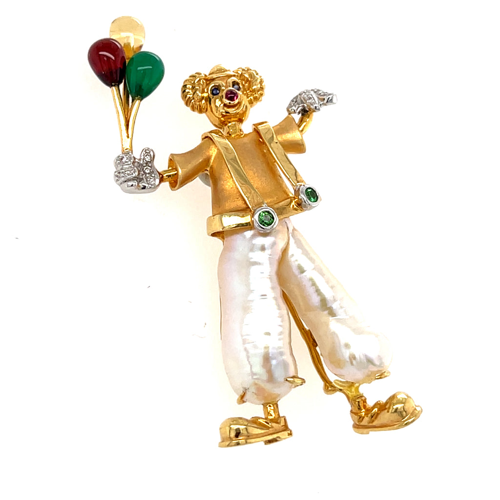 18k Yellow Gold & Cultured Pearl Clown Holding Balloons Brooch w/ Diamond, Sapphire, Ruby, Garnet