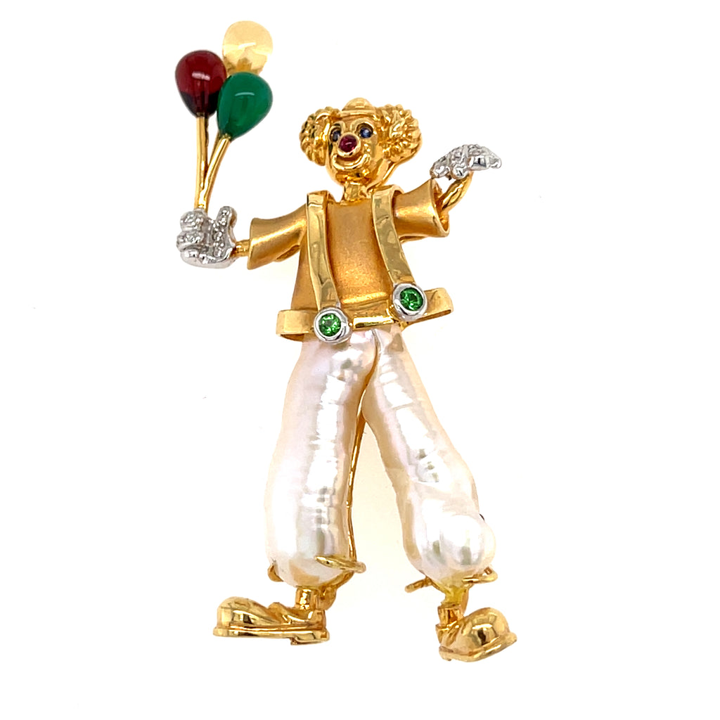 18k Yellow Gold & Cultured Pearl Clown Holding Balloons Brooch w/ Diamond, Sapphire, Ruby, Garnet
