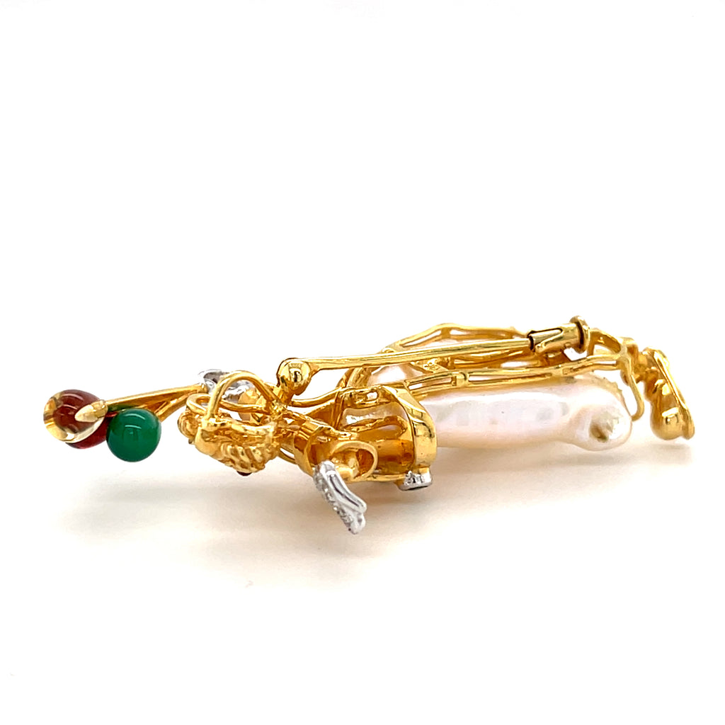 18k Yellow Gold & Cultured Pearl Clown Holding Balloons Brooch w/ Diamond, Sapphire, Ruby, Garnet