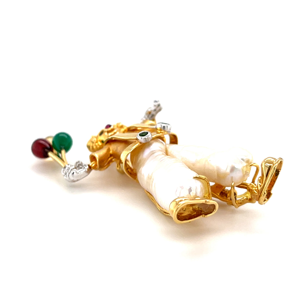 18k Yellow Gold & Cultured Pearl Clown Holding Balloons Brooch w/ Diamond, Sapphire, Ruby, Garnet