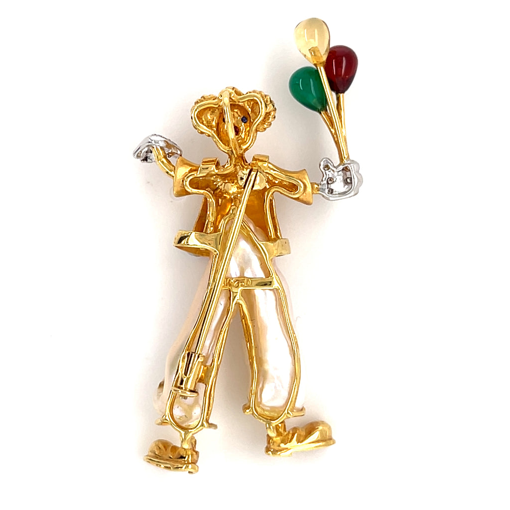 18k Yellow Gold & Cultured Pearl Clown Holding Balloons Brooch w/ Diamond, Sapphire, Ruby, Garnet