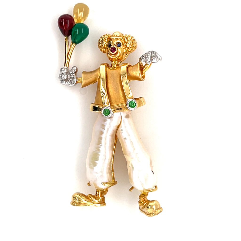 18k Yellow Gold & Cultured Pearl Clown Holding Balloons Brooch w/ Diamond, Sapphire, Ruby, Garnet