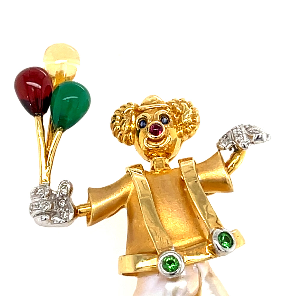 18k Yellow Gold & Cultured Pearl Clown Holding Balloons Brooch w/ Diamond, Sapphire, Ruby, Garnet