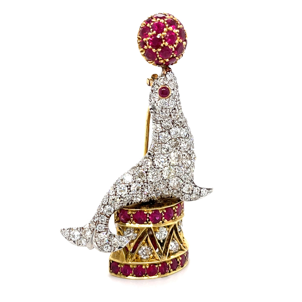 Tiffany & Co. 18k Gold/Platinum Performing Seal Brooch w/ 4.5ct Diamond, 2.2ct Ruby