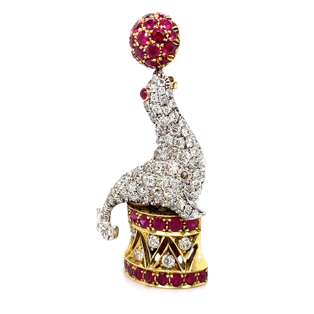 Tiffany & Co. 18k Gold/Platinum Performing Seal Brooch w/ 4.5ct Diamond, 2.2ct Ruby
