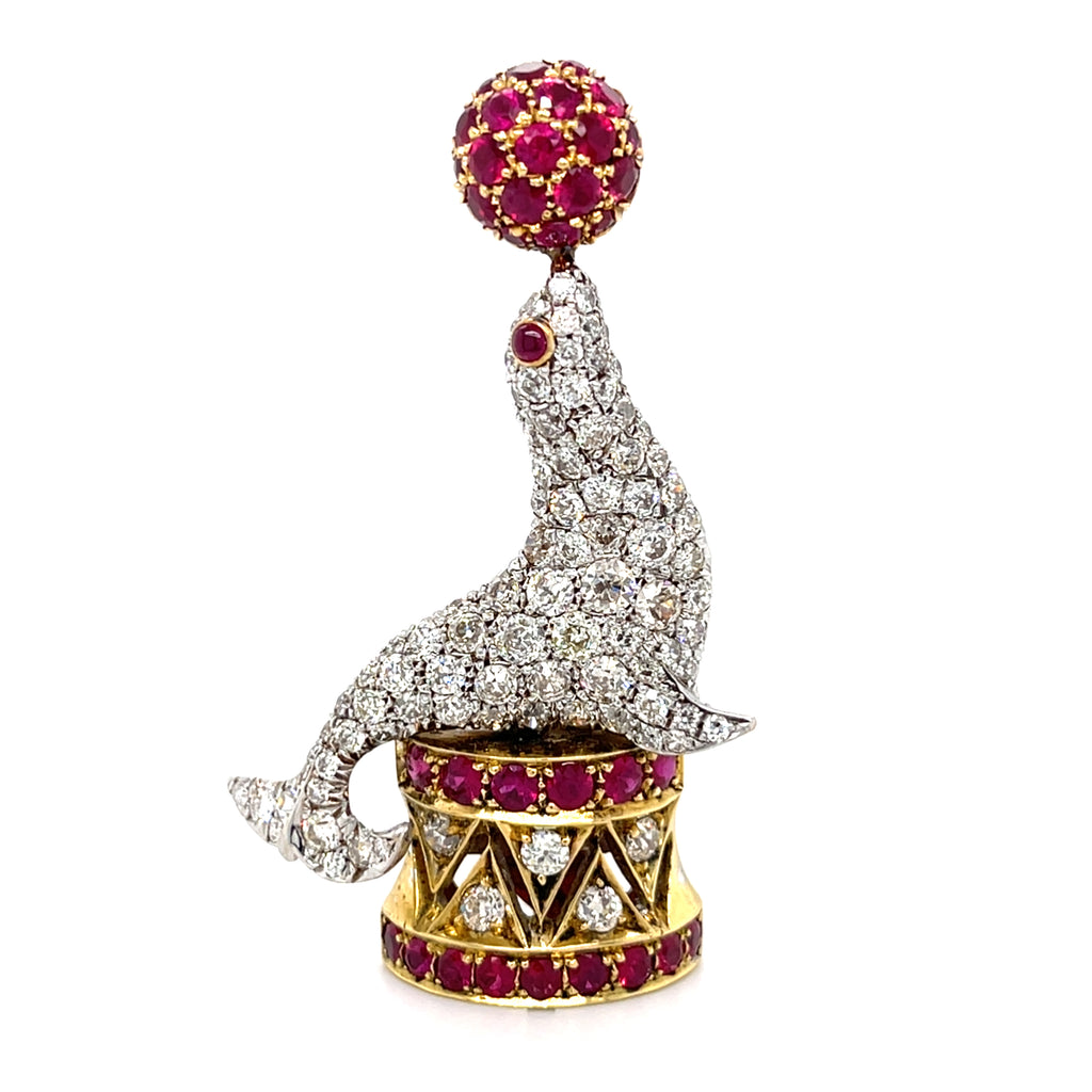 Tiffany & Co. 18k Gold/Platinum Performing Seal Brooch w/ 4.5ct Diamond, 2.2ct Ruby