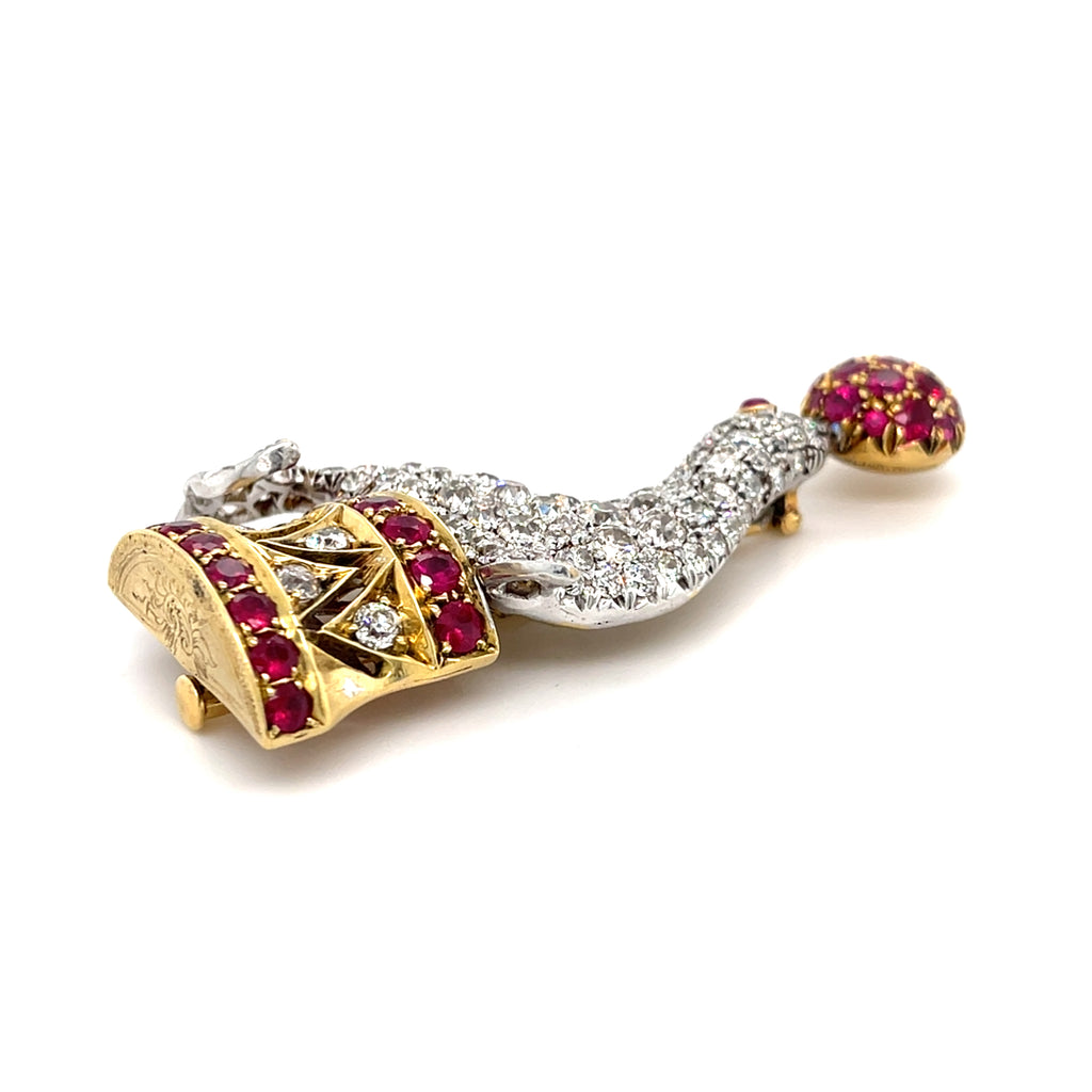 Tiffany & Co. 18k Gold/Platinum Performing Seal Brooch w/ 4.5ct Diamond, 2.2ct Ruby