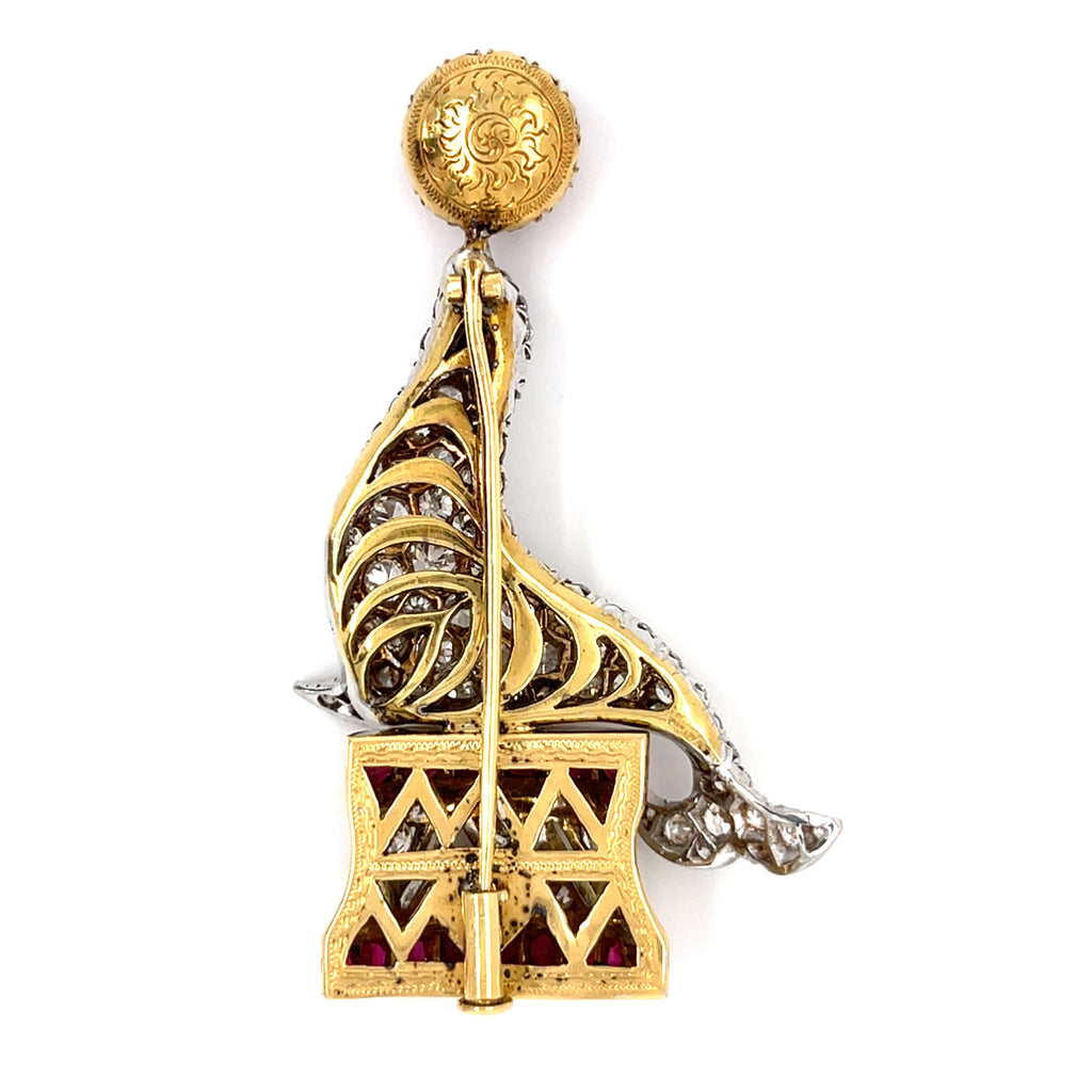 Tiffany & Co. 18k Gold/Platinum Performing Seal Brooch w/ 4.5ct Diamond, 2.2ct Ruby