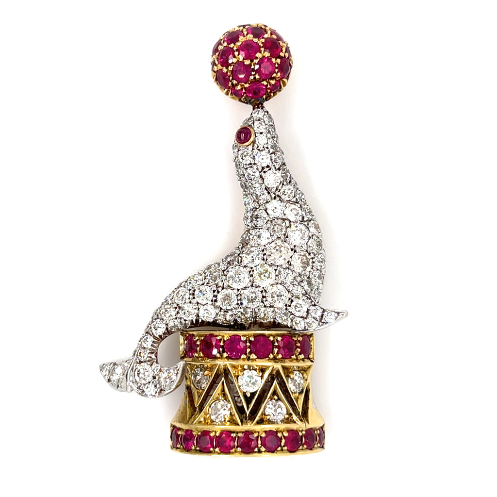Tiffany & Co. 18k Gold/Platinum Performing Seal Brooch w/ 4.5ct Diamond, 2.2ct Ruby