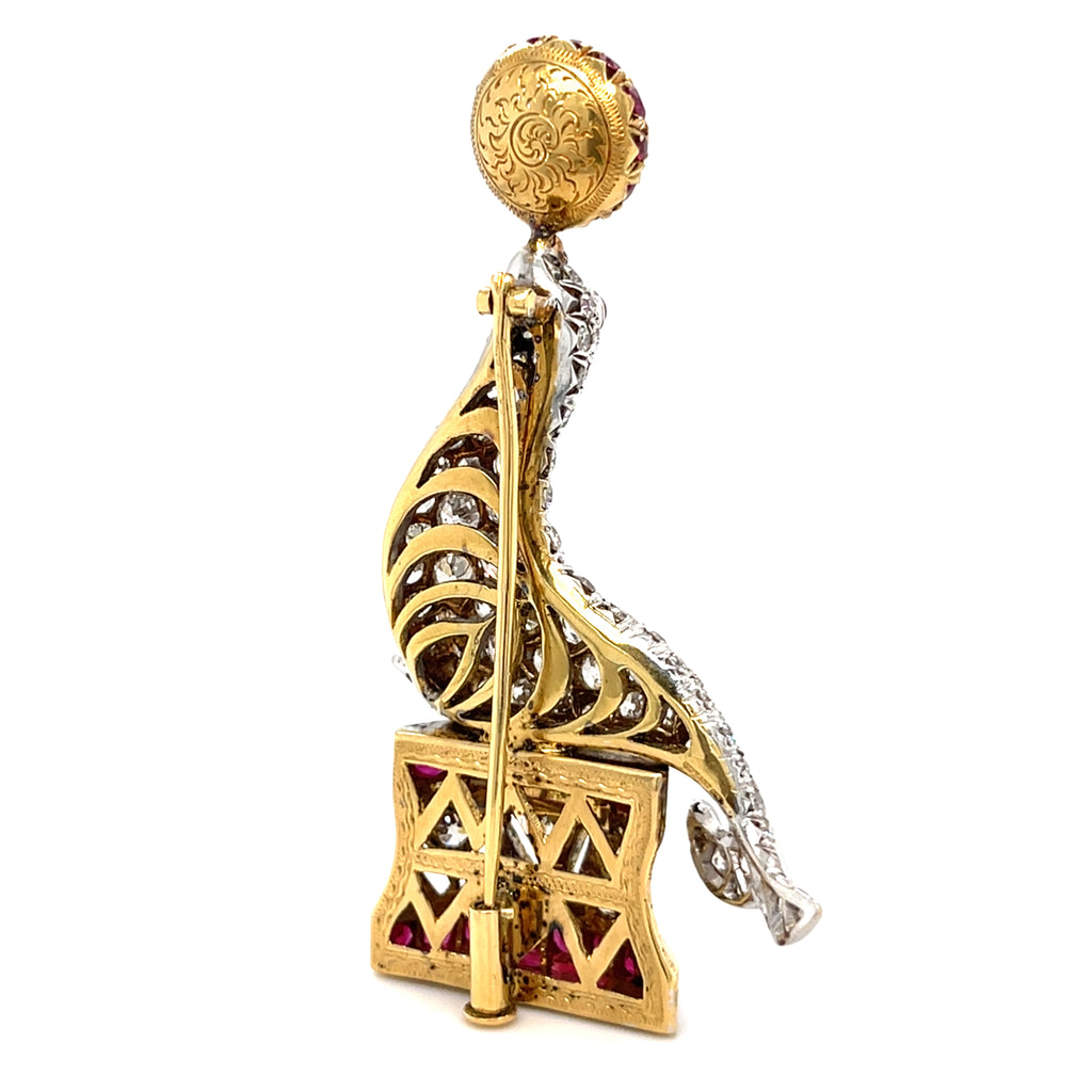 Tiffany & Co. 18k Gold/Platinum Performing Seal Brooch w/ 4.5ct Diamond, 2.2ct Ruby