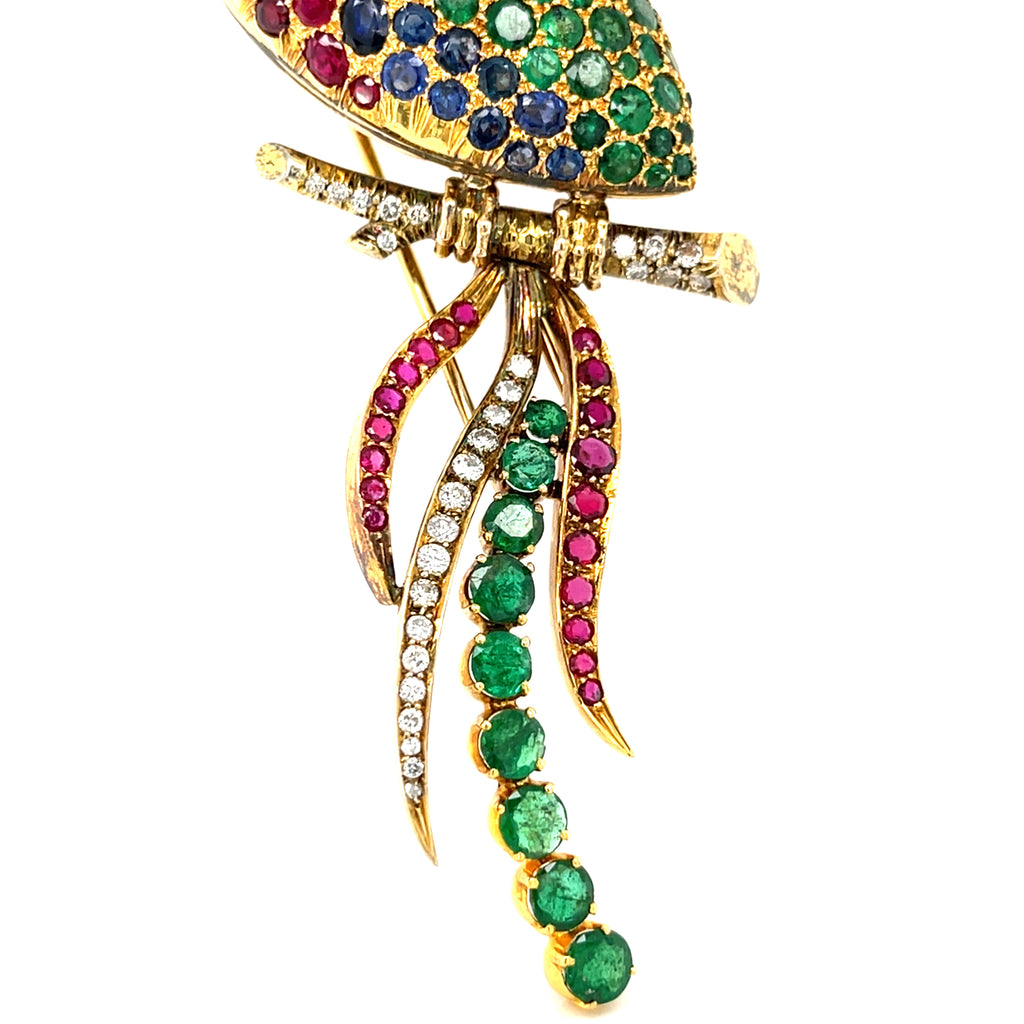 14k Gold & 25ct Multi-Gem Bird Brooch w/ Diamond, Emerald, Sapphire, Ruby