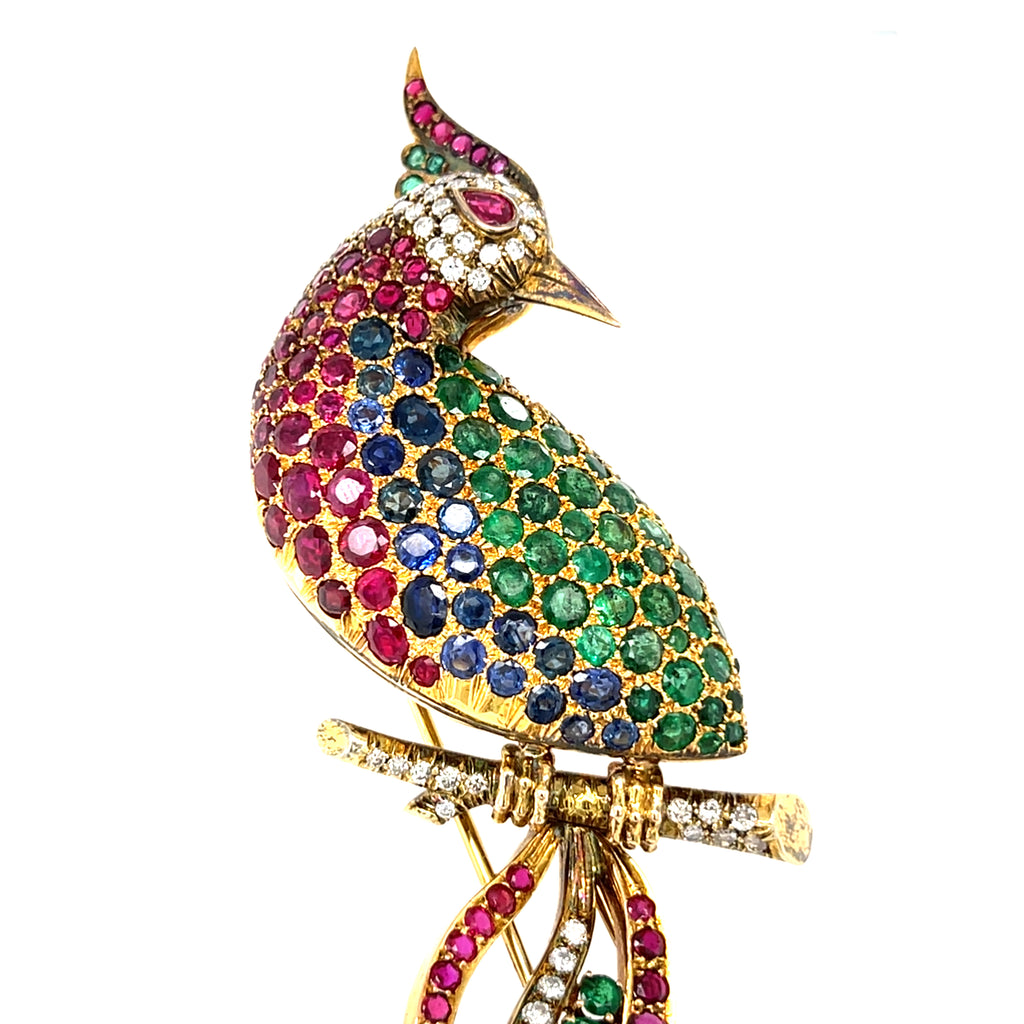 14k Gold & 25ct Multi-Gem Bird Brooch w/ Diamond, Emerald, Sapphire, Ruby