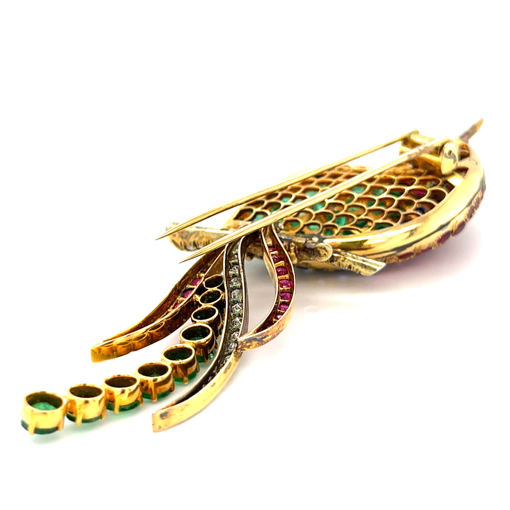 14k Gold & 25ct Multi-Gem Bird Brooch w/ Diamond, Emerald, Sapphire, Ruby