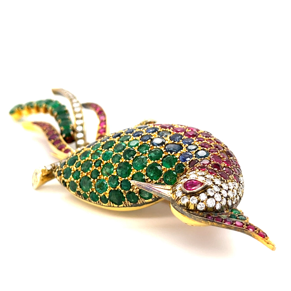 14k Gold & 25ct Multi-Gem Bird Brooch w/ Diamond, Emerald, Sapphire, Ruby
