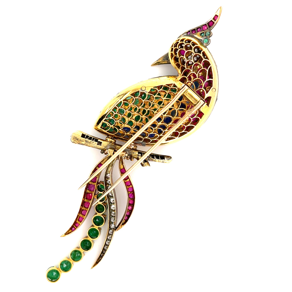 14k Gold & 25ct Multi-Gem Bird Brooch w/ Diamond, Emerald, Sapphire, Ruby