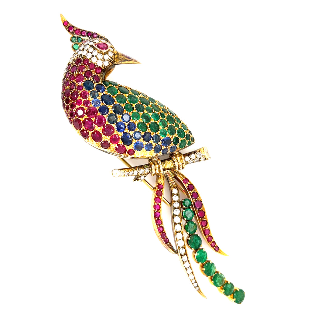 14k Gold & 25ct Multi-Gem Bird Brooch w/ Diamond, Emerald, Sapphire, Ruby