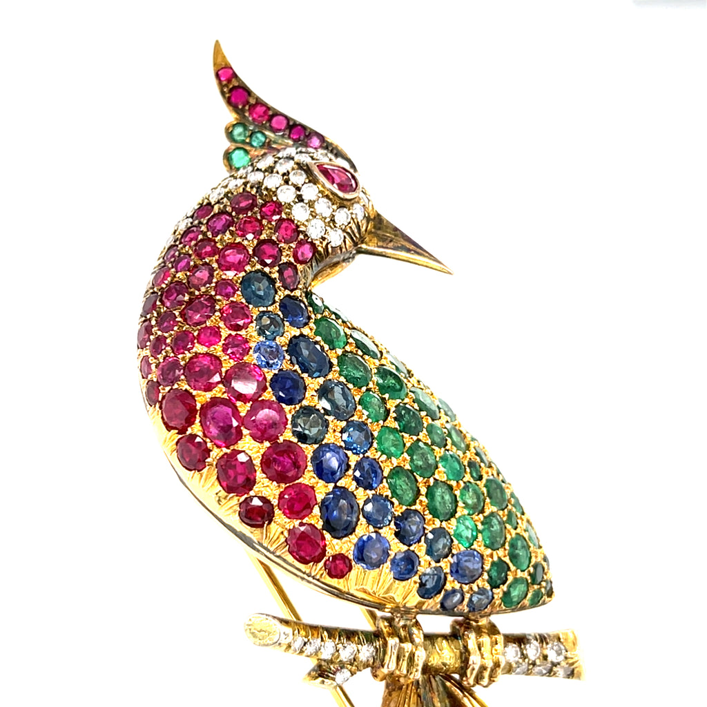 14k Gold & 25ct Multi-Gem Bird Brooch w/ Diamond, Emerald, Sapphire, Ruby