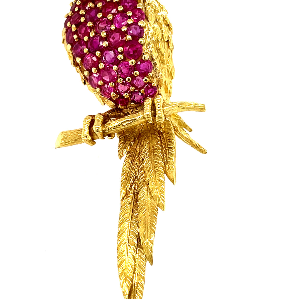 18k Gold Cockatoo Bird Brooch w/ 3ct Ruby, 0.50ct Diamond & Emerald, Made in Italy