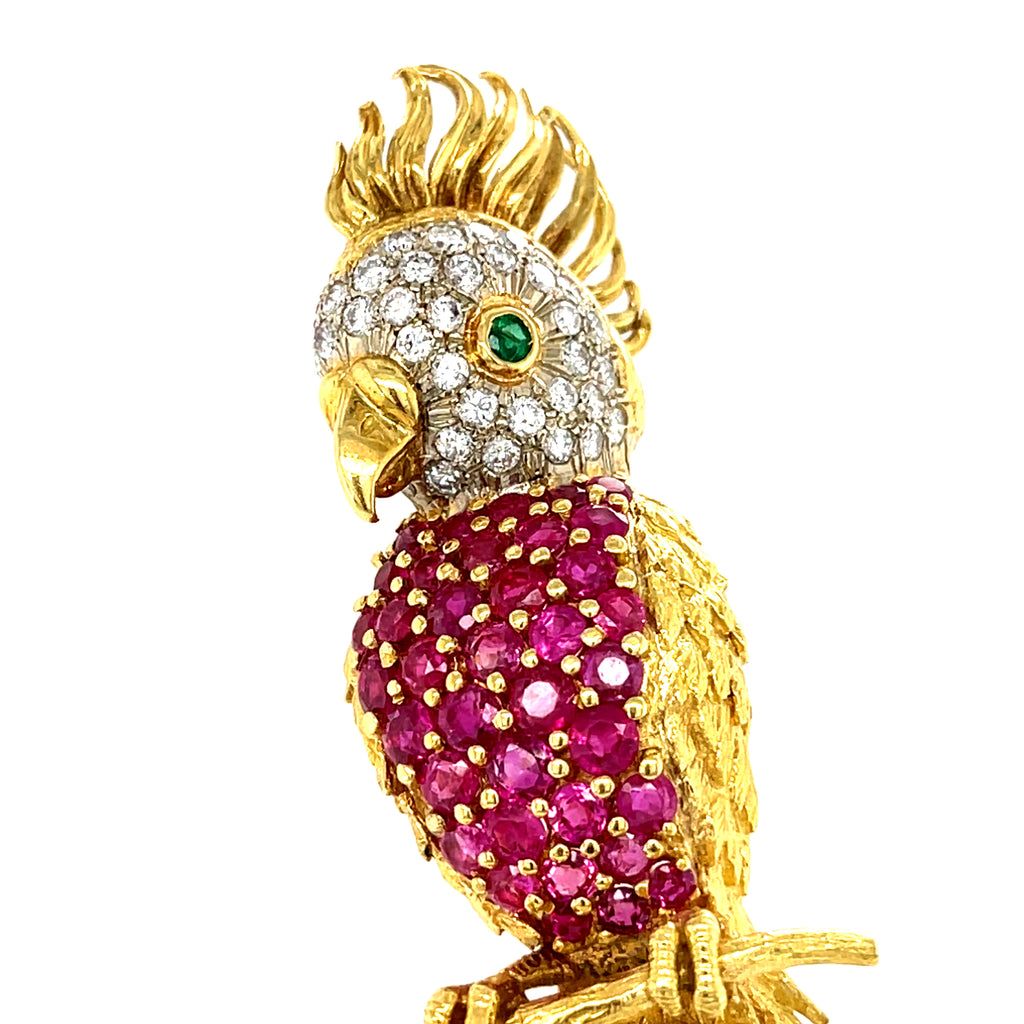 18k Gold Cockatoo Bird Brooch w/ 3ct Ruby, 0.50ct Diamond & Emerald, Made in Italy