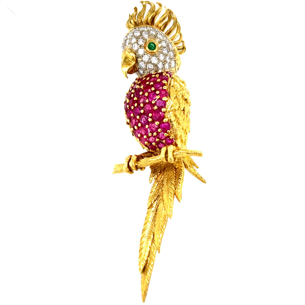 18k Gold Cockatoo Bird Brooch w/ 3ct Ruby, 0.50ct Diamond & Emerald, Made in Italy