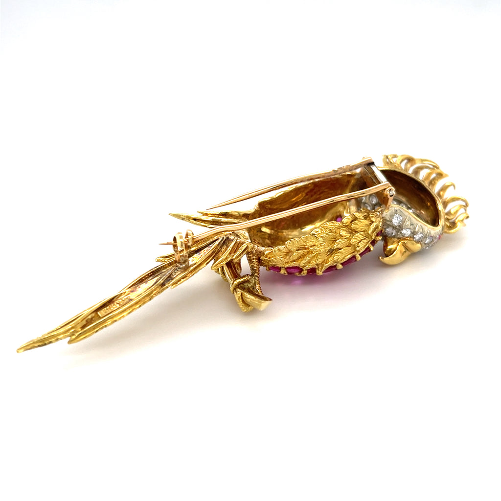 18k Gold Cockatoo Bird Brooch w/ 3ct Ruby, 0.50ct Diamond & Emerald, Made in Italy