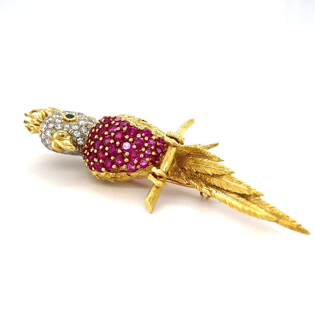 18k Gold Cockatoo Bird Brooch w/ 3ct Ruby, 0.50ct Diamond & Emerald, Made in Italy