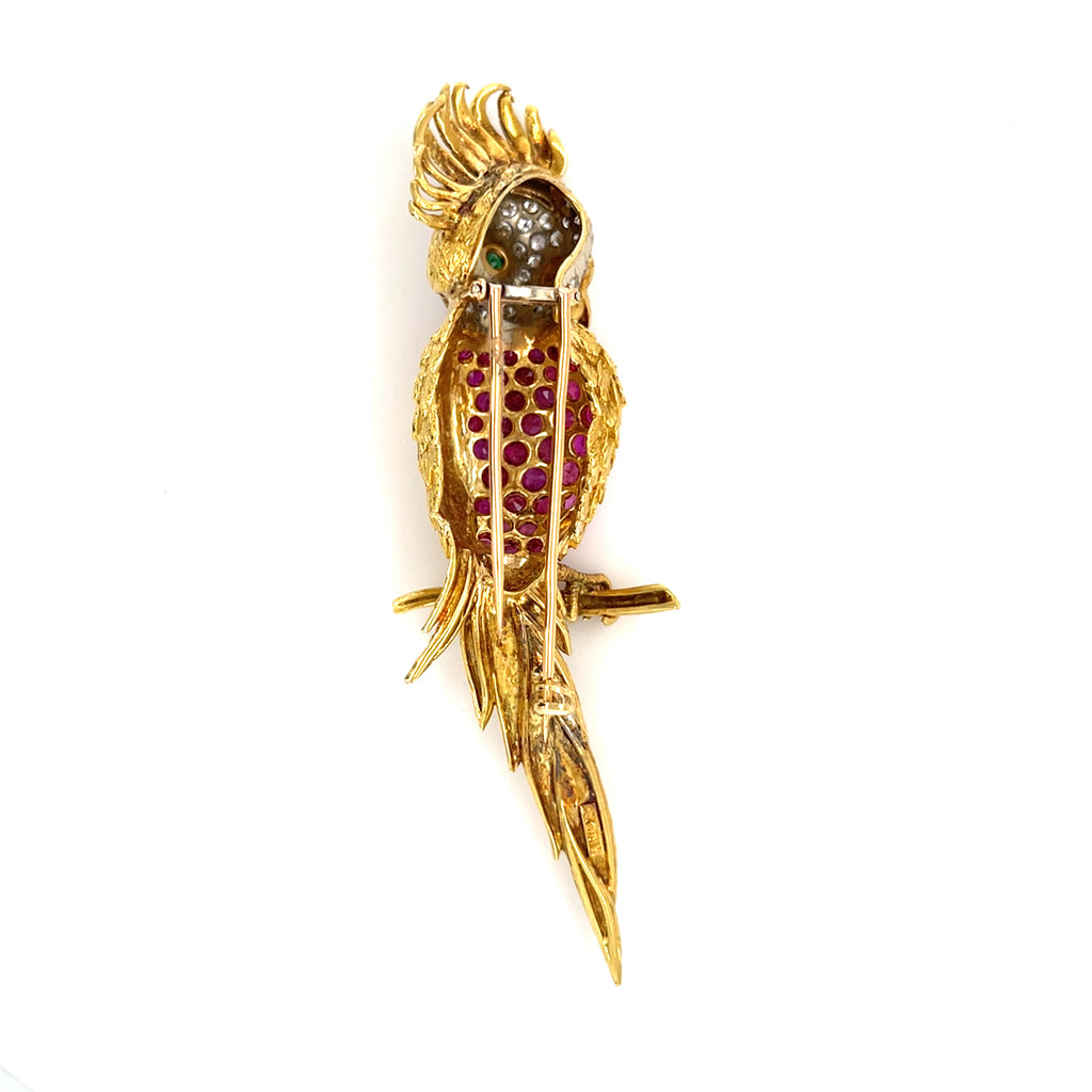 18k Gold Cockatoo Bird Brooch w/ 3ct Ruby, 0.50ct Diamond & Emerald, Made in Italy