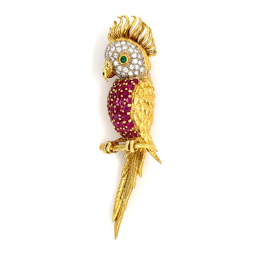 18k Gold Cockatoo Bird Brooch w/ 3ct Ruby, 0.50ct Diamond & Emerald, Made in Italy