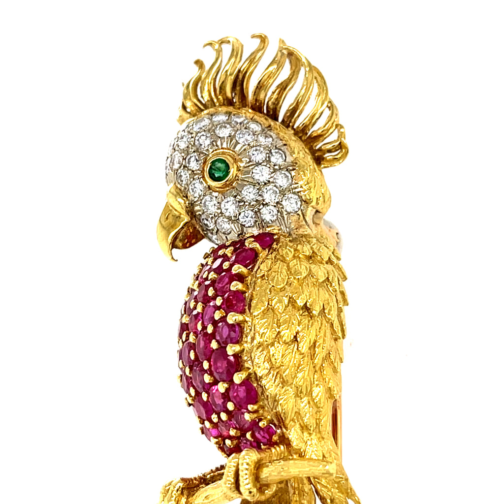 18k Gold Cockatoo Bird Brooch w/ 3ct Ruby, 0.50ct Diamond & Emerald, Made in Italy